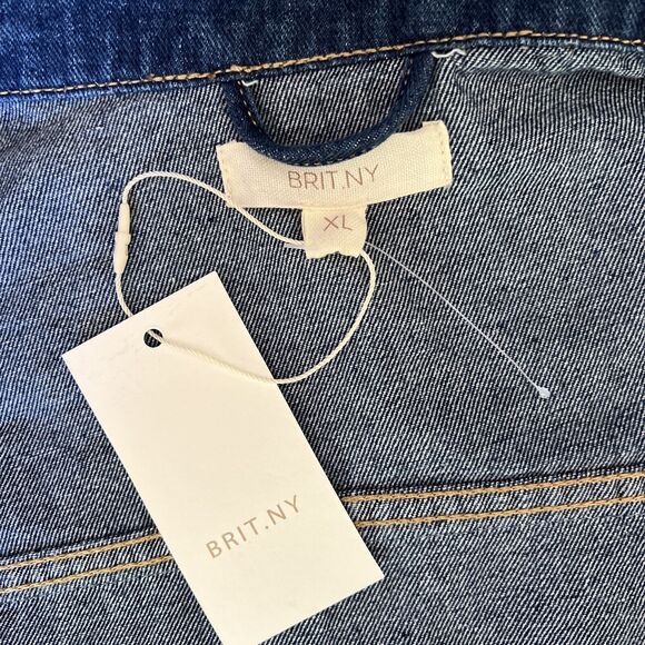 Brit.NY Denim Jean Jacket XL Blue Embellished Satin Mixed Media Floral NEW - Picture 9 of 15